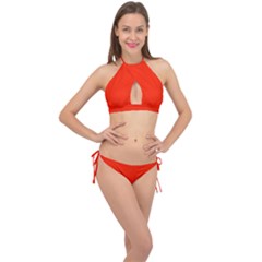 Scarlet Red Color Cross Front Halter Bikini Set by SpinnyChairDesigns