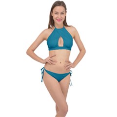 True Teal Blue Color Cross Front Halter Bikini Set by SpinnyChairDesigns