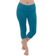 True Teal Blue Color Lightweight Velour Capri Yoga Leggings by SpinnyChairDesigns