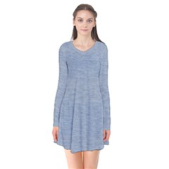 Faded Denim Blue Texture Long Sleeve V-neck Flare Dress by SpinnyChairDesigns