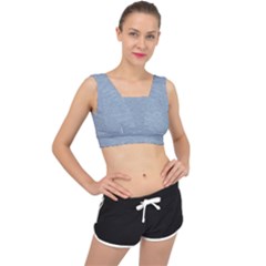 Faded Denim Blue Texture V-back Sports Bra by SpinnyChairDesigns