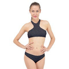 Black Color Texture High Neck Bikini Set