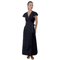 Black Color Texture Flutter Sleeve Maxi Dress by SpinnyChairDesigns