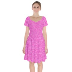 Neon Pink Color Texture Short Sleeve Bardot Dress by SpinnyChairDesigns
