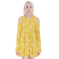 Saffron Yellow Butterflies Batik Velvet Long Sleeve Shoulder Cutout Dress by SpinnyChairDesigns