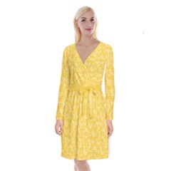 Saffron Yellow Butterflies Batik Long Sleeve Velvet Front Wrap Dress by SpinnyChairDesigns