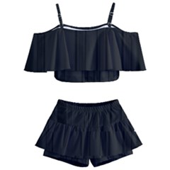 Pitch Black Color Stripes Kids  Off Shoulder Skirt Bikini