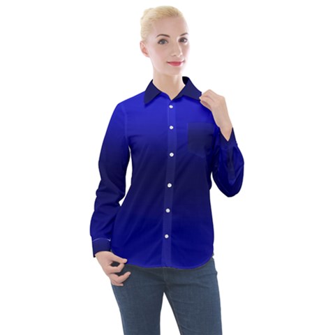 Cobalt Blue Gradient Ombre Color Women s Long Sleeve Pocket Shirt by SpinnyChairDesigns