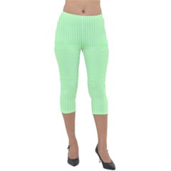 Mint Green White Stripes Lightweight Velour Capri Leggings  by SpinnyChairDesigns
