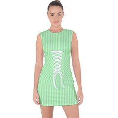 Mint Green White Stripes Lace Up Front Bodycon Dress by SpinnyChairDesigns