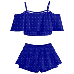 Navy Blue Color Polka Dots Kids  Off Shoulder Skirt Bikini