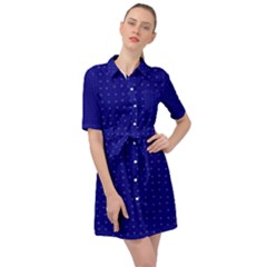 Navy Blue Color Polka Dots Belted Shirt Dress by SpinnyChairDesigns