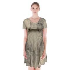 Abstract Tan Beige Texture Short Sleeve V-neck Flare Dress by SpinnyChairDesigns