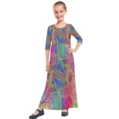 Boho Tie Dye Rainbow Kids  Quarter Sleeve Maxi Dress by SpinnyChairDesigns