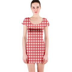 Red White Gingham Plaid Short Sleeve Bodycon Dress by SpinnyChairDesigns