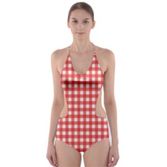 Red White Gingham Plaid Cut-out One Piece Swimsuit by SpinnyChairDesigns