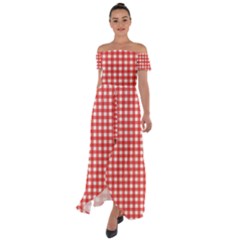 Red White Gingham Plaid Off Shoulder Open Front Chiffon Dress by SpinnyChairDesigns