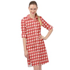 Red White Gingham Plaid Long Sleeve Mini Shirt Dress by SpinnyChairDesigns