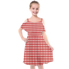 Red White Gingham Plaid Kids  Cut Out Shoulders Chiffon Dress by SpinnyChairDesigns