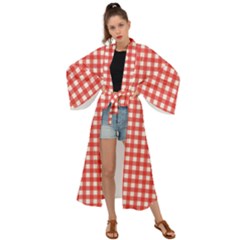 Red White Gingham Plaid Maxi Kimono