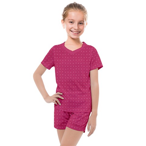 Rose Pink Color Polka Dots Kids  Mesh Tee And Shorts Set by SpinnyChairDesigns