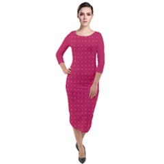 Rose Pink Color Polka Dots Quarter Sleeve Midi Velour Bodycon Dress by SpinnyChairDesigns