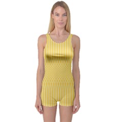 Saffron Yellow Color Stripes One Piece Boyleg Swimsuit by SpinnyChairDesigns