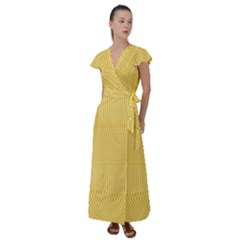 Saffron Yellow Color Stripes Flutter Sleeve Maxi Dress by SpinnyChairDesigns