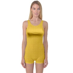 Saffron Yellow Color Polka Dots One Piece Boyleg Swimsuit by SpinnyChairDesigns