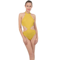 Saffron Yellow Color Polka Dots Halter Side Cut Swimsuit by SpinnyChairDesigns