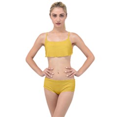 Saffron Yellow Color Polka Dots Layered Top Bikini Set by SpinnyChairDesigns