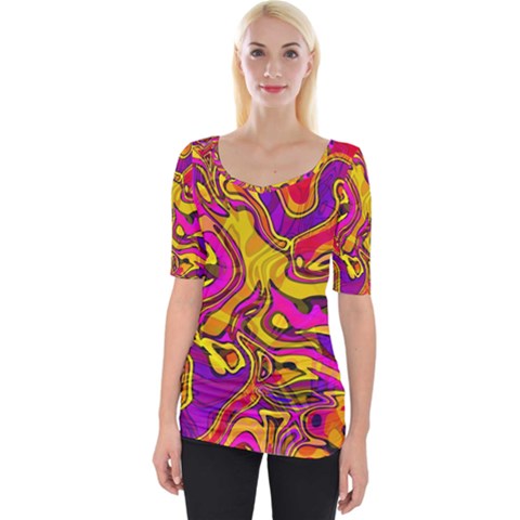 Colorful Boho Swirls Pattern Wide Neckline Tee by SpinnyChairDesigns