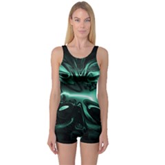 Biscay Green Black Abstract Art One Piece Boyleg Swimsuit by SpinnyChairDesigns