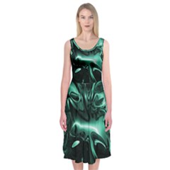 Biscay Green Black Abstract Art Midi Sleeveless Dress by SpinnyChairDesigns