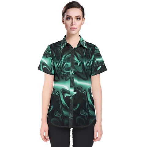 Biscay Green Black Abstract Art Women s Short Sleeve Shirt by SpinnyChairDesigns