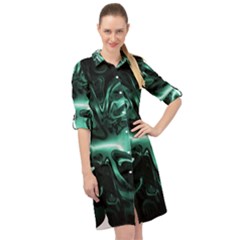 Biscay Green Black Abstract Art Long Sleeve Mini Shirt Dress by SpinnyChairDesigns