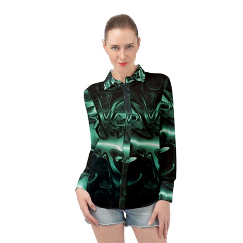 Biscay Green Black Abstract Art Long Sleeve Chiffon Shirt by SpinnyChairDesigns