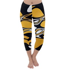 Black Yellow White Abstract Art Capri Winter Leggings  by SpinnyChairDesigns