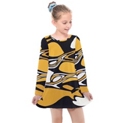 Black Yellow White Abstract Art Kids  Long Sleeve Dress by SpinnyChairDesigns