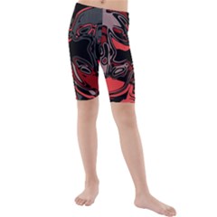 Red Black Grey Abstract Art Kids  Mid Length Swim Shorts by SpinnyChairDesigns