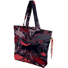 Red Black Grey Abstract Art Drawstring Tote Bag by SpinnyChairDesigns