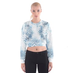 Boho Faded Blue Denim White Batik Cropped Sweatshirt by SpinnyChairDesigns