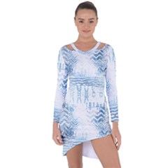Boho Faded Blue Denim White Batik Asymmetric Cut-out Shift Dress by SpinnyChairDesigns