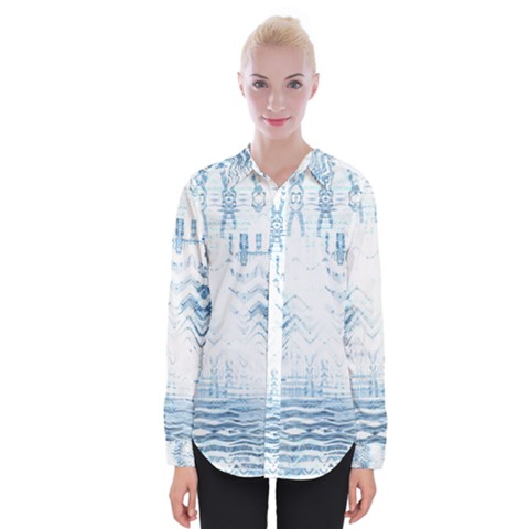 Boho Faded Blue Denim White Batik Womens Long Sleeve Shirt by SpinnyChairDesigns