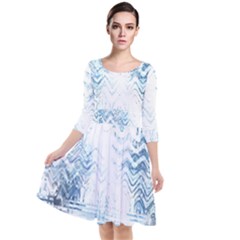 Boho Faded Blue Denim White Batik Quarter Sleeve Waist Band Dress by SpinnyChairDesigns