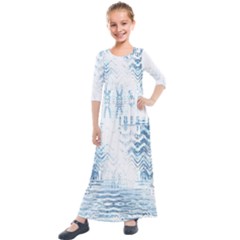 Boho Faded Blue Denim White Batik Kids  Quarter Sleeve Maxi Dress by SpinnyChairDesigns