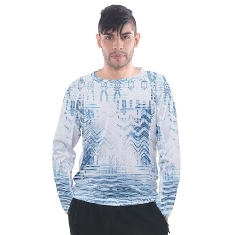 Boho Faded Blue Denim White Batik Men s Long Sleeve Raglan Tee by SpinnyChairDesigns