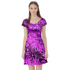 Magenta Black Abstract Art Short Sleeve Skater Dress by SpinnyChairDesigns