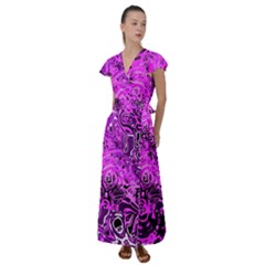 Magenta Black Abstract Art Flutter Sleeve Maxi Dress by SpinnyChairDesigns