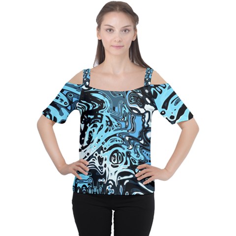 Black Blue White Abstract Art Cutout Shoulder Tee by SpinnyChairDesigns